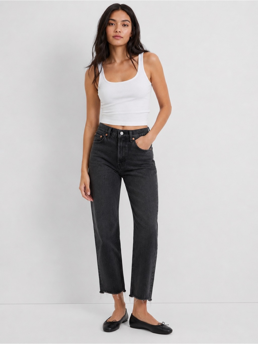 GAP Cheeky Straight High Rise Jeans Washed Black Raw Hem Petite 27/4P